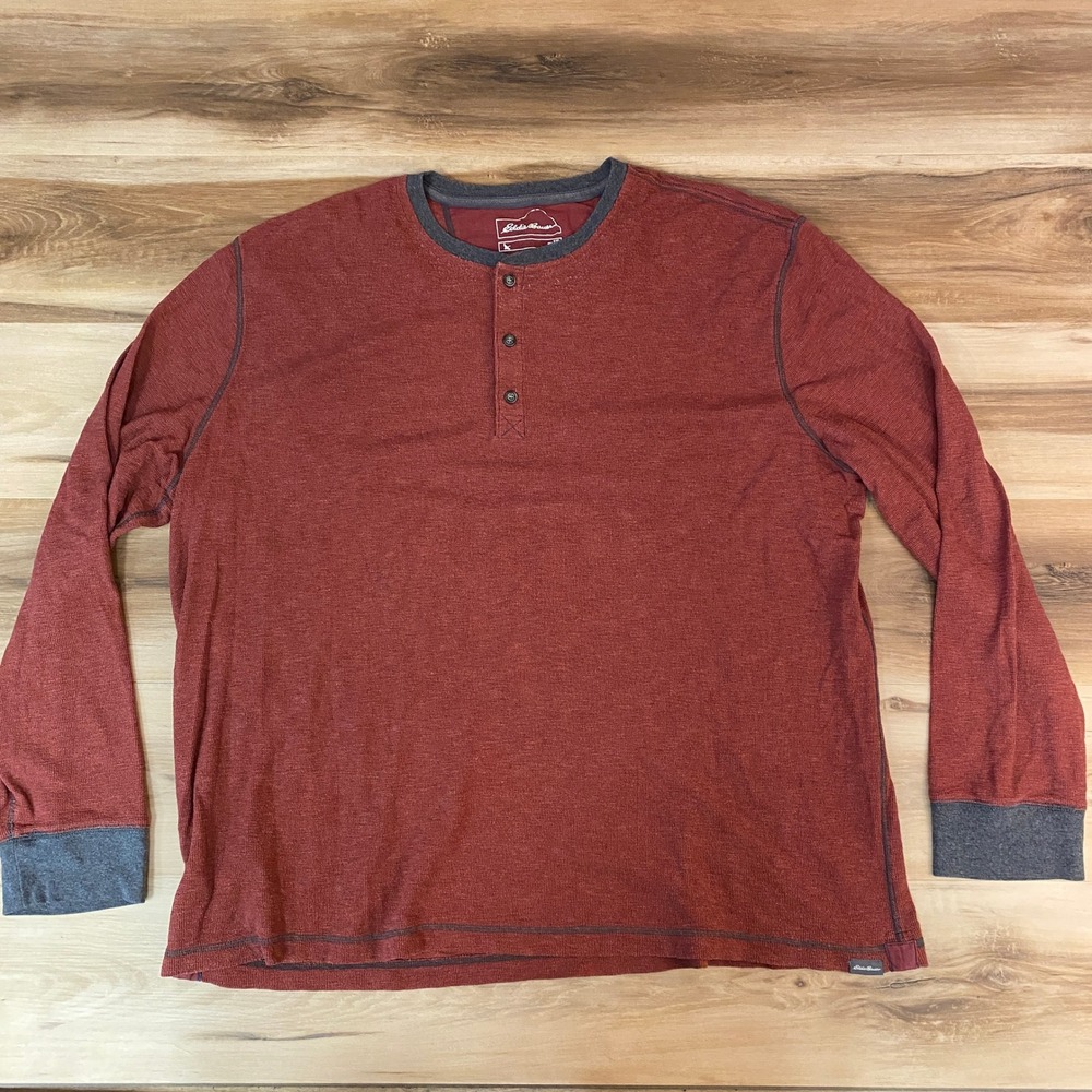Eddie Bauer Mens Rust Red Long Sleeve Henley Shirt 2XL Thermal Knit Cotton Blend
